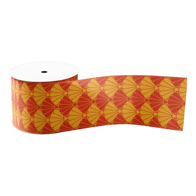 Oriental Red Yellow Kiku Chrysanthemum Mon Pattern Grosgrain Ribbon (Spool)