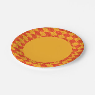 Oriental Red Yellow Kiku Chrysanthemum Mon Pattern Paper Plate