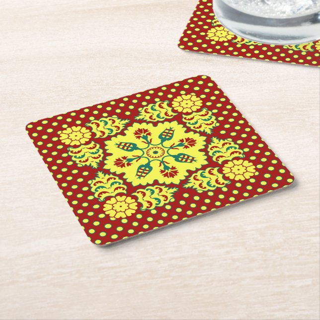 Oriental Red Yellow Ottoman Turkish Tulip Pattern Square Paper Coaster (Angled)