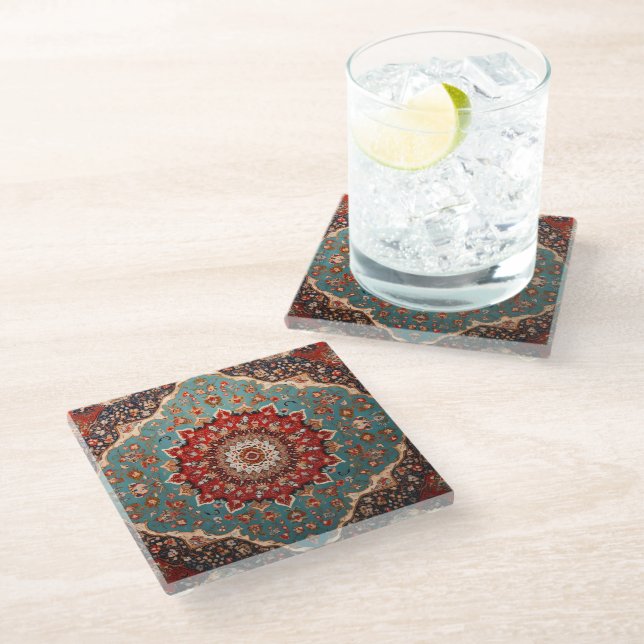 Oriental Retro Persian Pattern Red Cream Blue Glass Coaster (Angled)