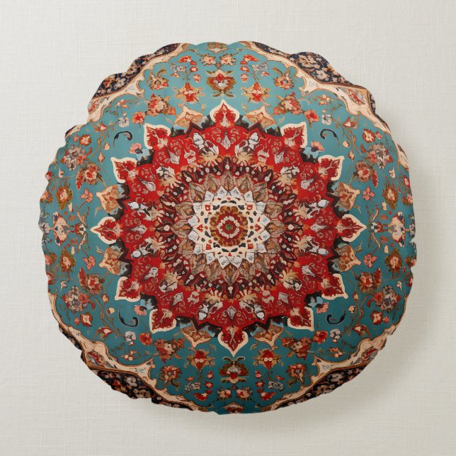 Oriental Retro Persian Pattern Red Cream Blue Round Cushion (Front)