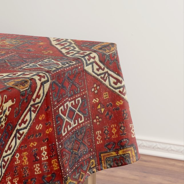 Oriental rug design in  dark red and blue tablecloth (In Situ)