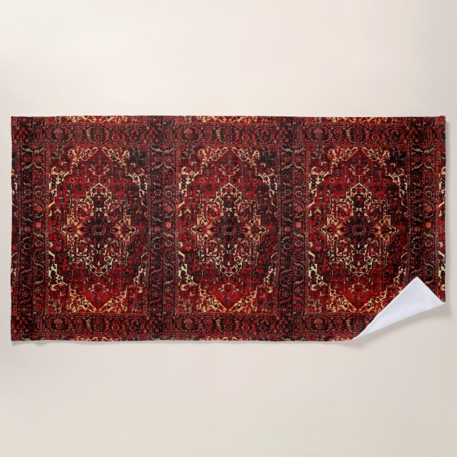Oriental rug design in dark red beach towel (Front)