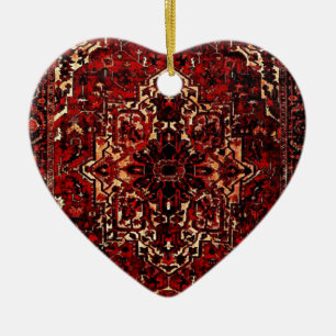 Oriental rug design in dark red ceramic tree decoration