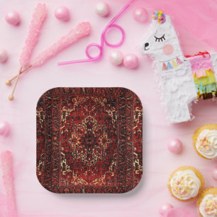 Oriental rug design in  dark red  paper plate