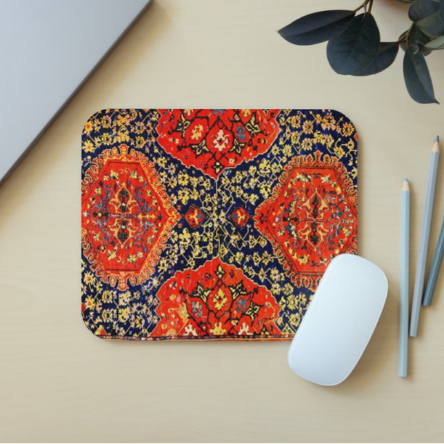 Oriental rug in blue& bright orange mouse pad (Creator Uploaded)