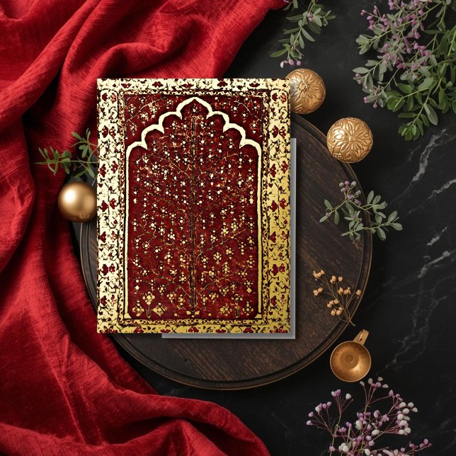 Oriental Sacred tree  red golden Foil Holiday Postcard (Creator Uploaded)