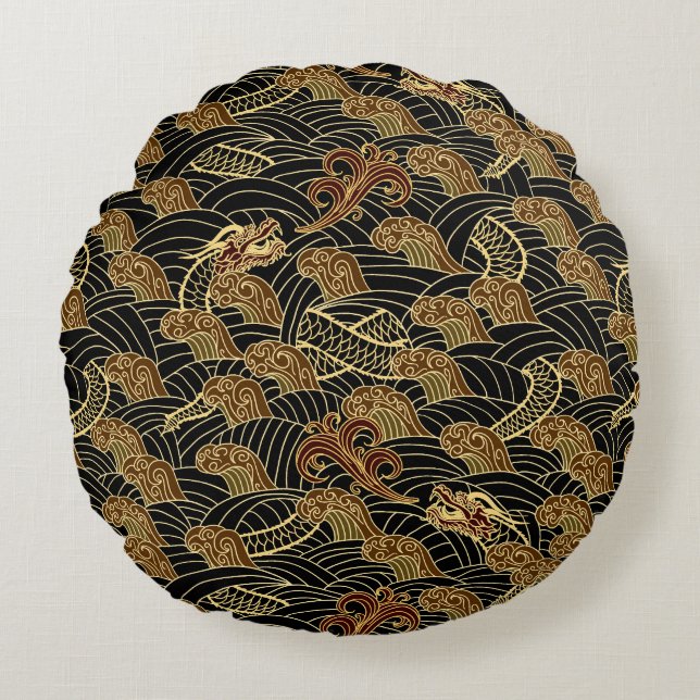 Oriental Sea Dragon Pattern Round Cushion (Front)