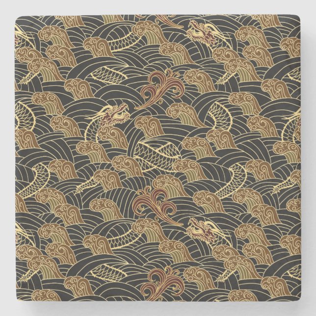 Oriental Sea Dragon Pattern Stone Coaster (Front)