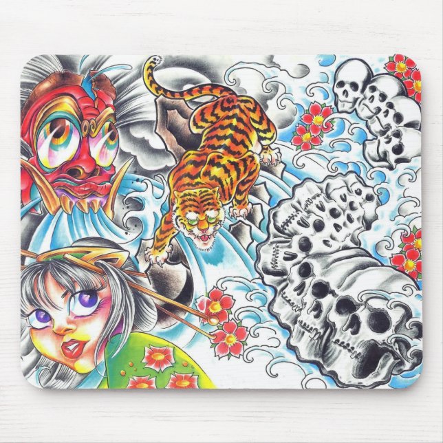 oriental skull women tiger mouse pad (Front)