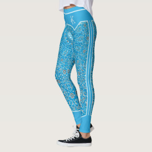Oriental Sky Blue Arabesques Monogram Customised Leggings
