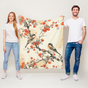 Oriental Songbirds and Blossom - Traditional Asian Fleece Blanket