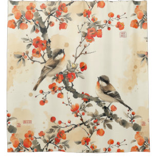 Oriental Songbirds and Blossom - Traditional Asian Shower Curtain