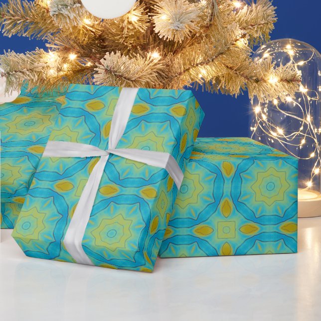 Oriental Star in Blue and Old Gold Yellow  Wrapping Paper (Holidays)