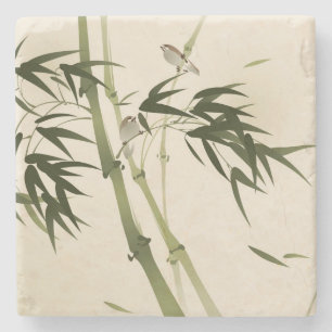 Oriental style painting, bamboo branches stone coaster