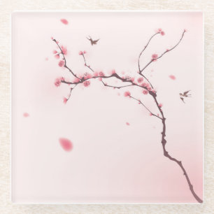 Oriental style painting, cherry blossom glass coaster