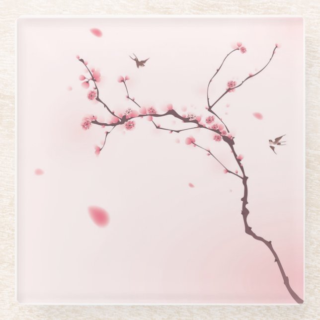 Oriental style painting, cherry blossom glass coaster (Front)