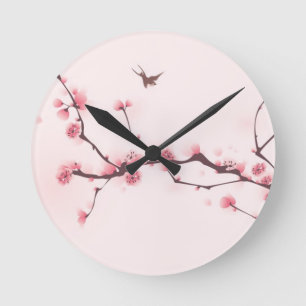 Oriental style painting, cherry blossom round clock