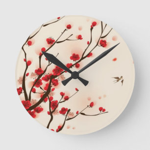 Oriental style painting, plum blossom in spring 2 round clock