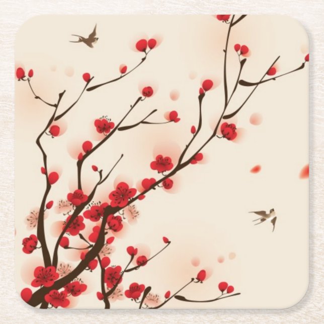 Oriental style painting, plum blossom in spring 2 square paper coaster (Front)