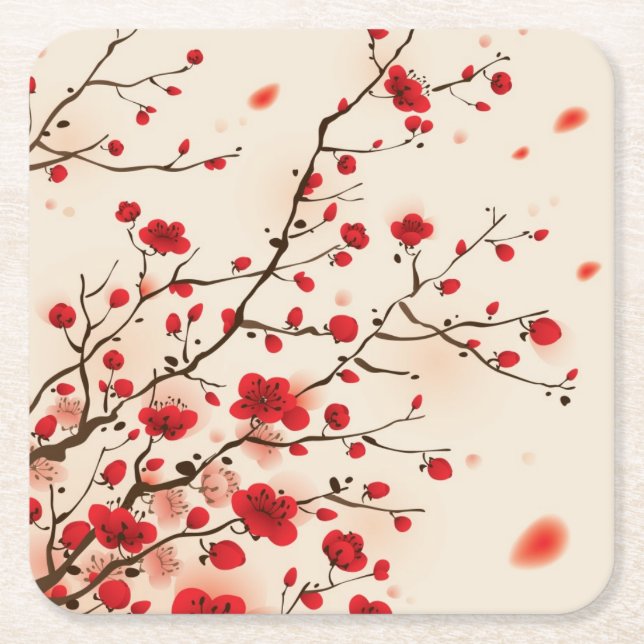 Oriental style painting, plum blossom in spring square paper coaster (Front)