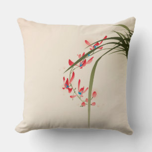 oriental style painting, red orchid flower cushion