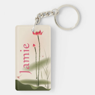 Oriental style painting, tall Lotus Key Ring