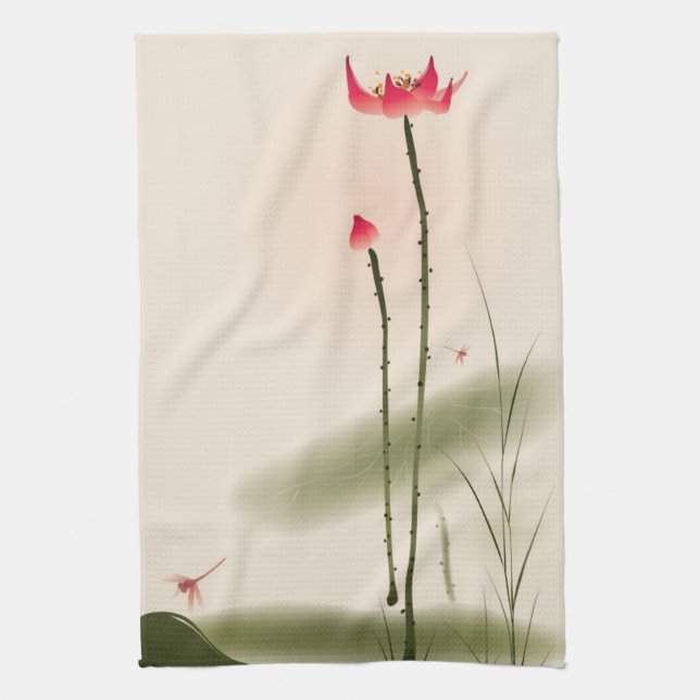 Oriental style painting, tall Lotus Tea Towel (Vertical)