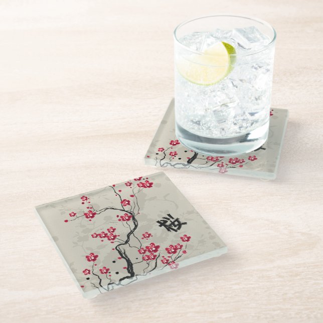 Oriental Style Sakura Cherry Blossom Art Glass Coaster (Angled)