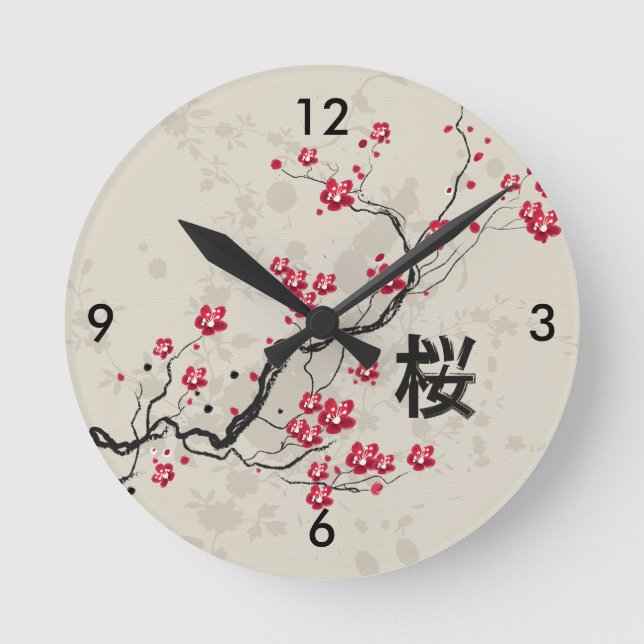 Oriental Style Sakura Cherry Blossom Art Round Clock (Front)