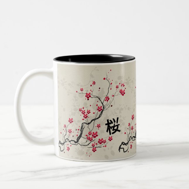 Oriental Style Sakura Cherry Blossom Art Two-Tone Coffee Mug (Left)