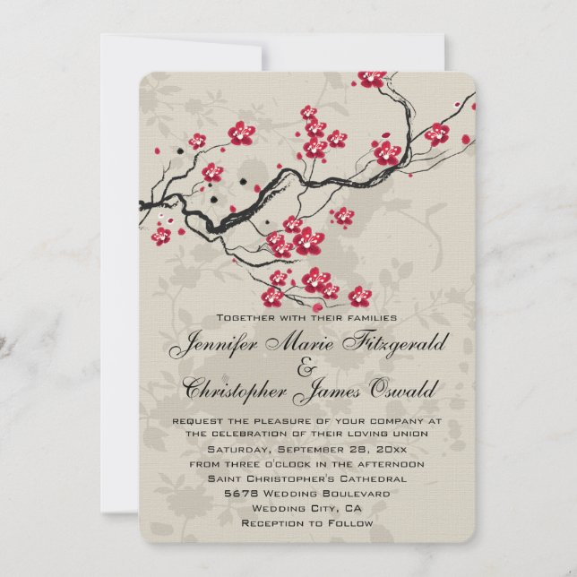 Oriental Style Sakura Cherry Blossom Art Wedding Invitation (Front)