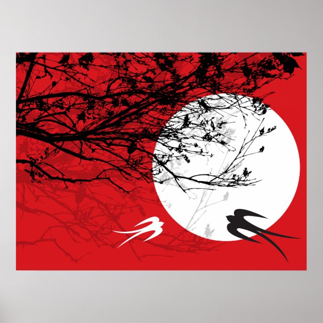 Oriental Swallows In Moonlight Zen Red Poster (Front)