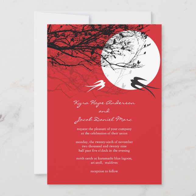 Oriental Swallows Moonlight Asian Wedding Invite (Front)