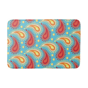 Oriental Turquoise Orange Persian Paisley Pattern Bath Mat