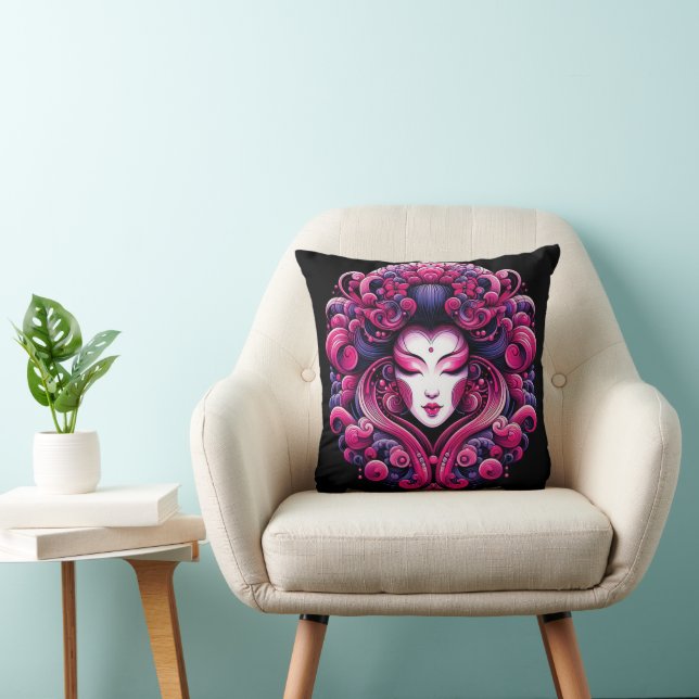Oriental vector abstract Geisha fractal pink waves Cushion (Chair)