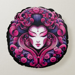 Oriental vector abstract Geisha fractal pink waves Round Cushion