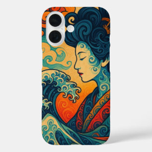 Oriental vector abstract Geisha Kanagawa waves iPhone 16 Case
