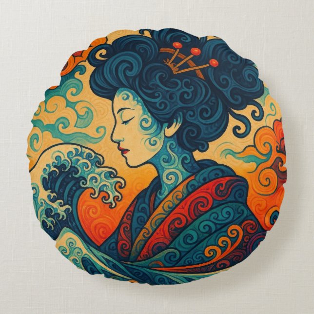 Oriental vector abstract Geisha Kanagawa waves Round Cushion (Front)