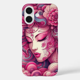 Oriental vector abstract Geisha pink fractal waves iPhone 16 Case