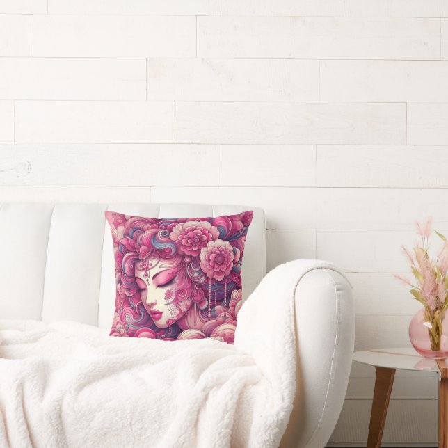Oriental vector abstract Geisha pink fractal waves Cushion (Couch)