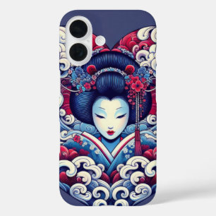 Oriental vector blue violet abstract Geisha waves iPhone 16 Case