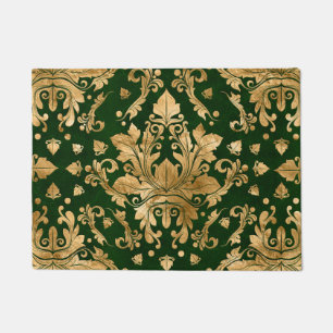 Oriental Vintage Damask Ornament - Green and gold Doormat