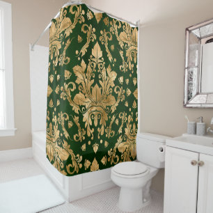 Oriental Vintage Damask Ornament - Green and gold Shower Curtain