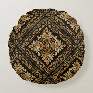 Oriental Vintage Damask pattern - Black and gold Round Cushion