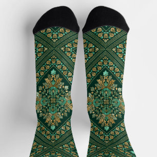 Oriental Vintage Damask Pattern - Green and gold Socks