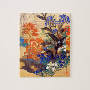 Oriental watercolour vibrant vintage flowers art jigsaw puzzle