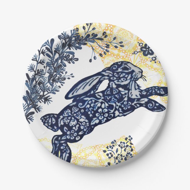 Orierntal Blue White Yellow Rabbit Chinoiserie Paper Plate (Front)