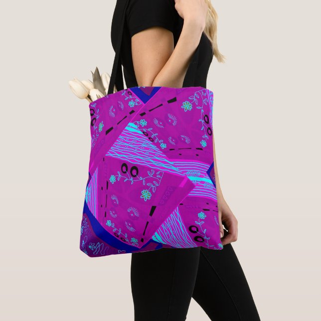 Origami Chintz (L) Fuchsia Turquoise Blue Magenta Tote Bag (Close Up)