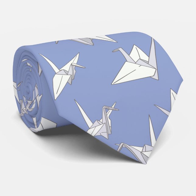 Origami Crane Bird Blue and White Japanese Tie (Rolled)